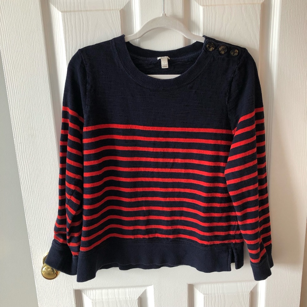 J Crew Striped Crewneck Pullover Sweater with Button Detail Sz L